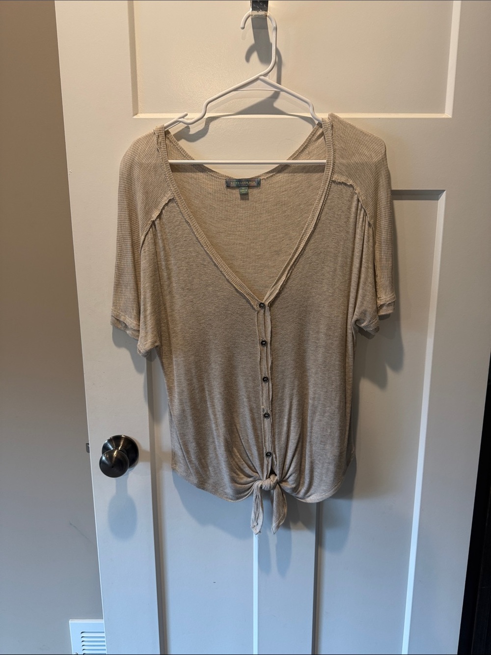 Good Luck Gem Light Tan Button-Front Tie-Hem Top